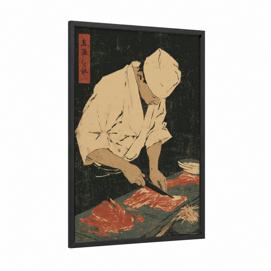 Butcher's Craft framed meat print — black wood frame — cream and russet palette