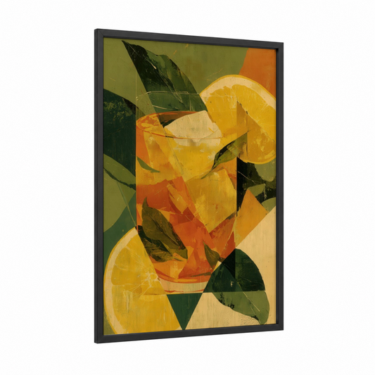 Citrus Refreshment framed iced tea print — black wood frame — yellow gold and true green palette