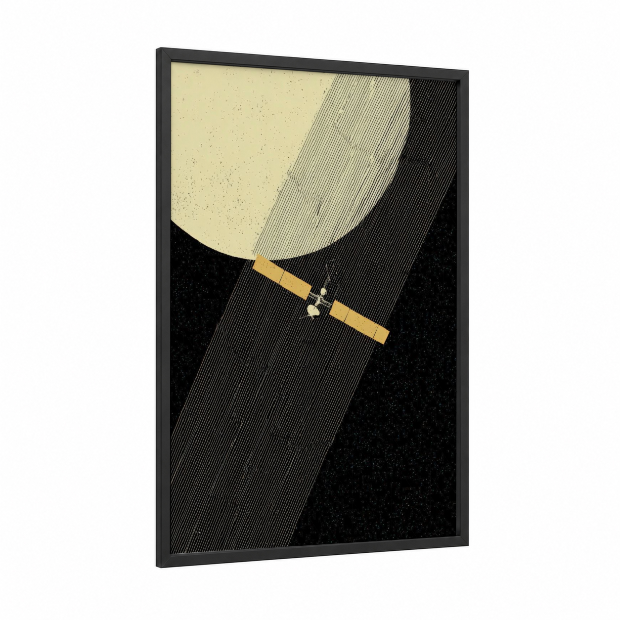 Orbital Sentinel framed satellite print — black wood frame — cream and black and gold palette