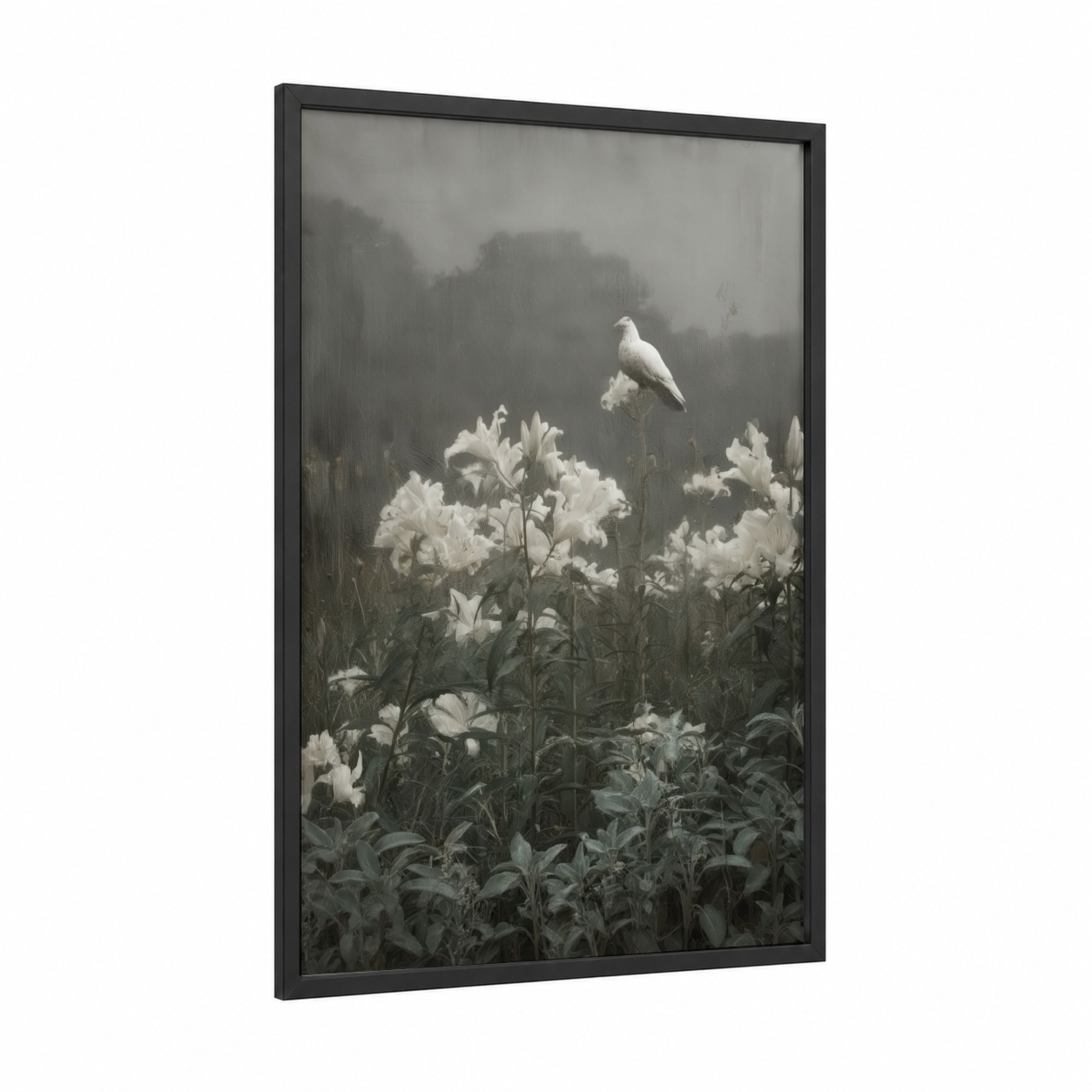 Misty Dove framed art print — black wood frame — black and white and gray palette