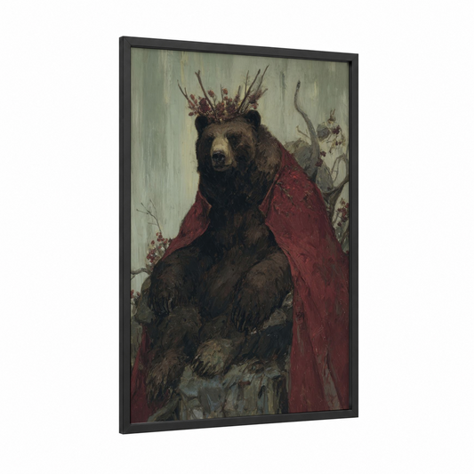 Crowned Grizzly framed grizzly bear print — black wood frame — maroon and sage green palette