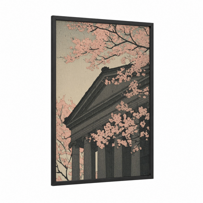 Pantheon Blossoms framed art print — black wood frame — salmon pink and dove gray palette