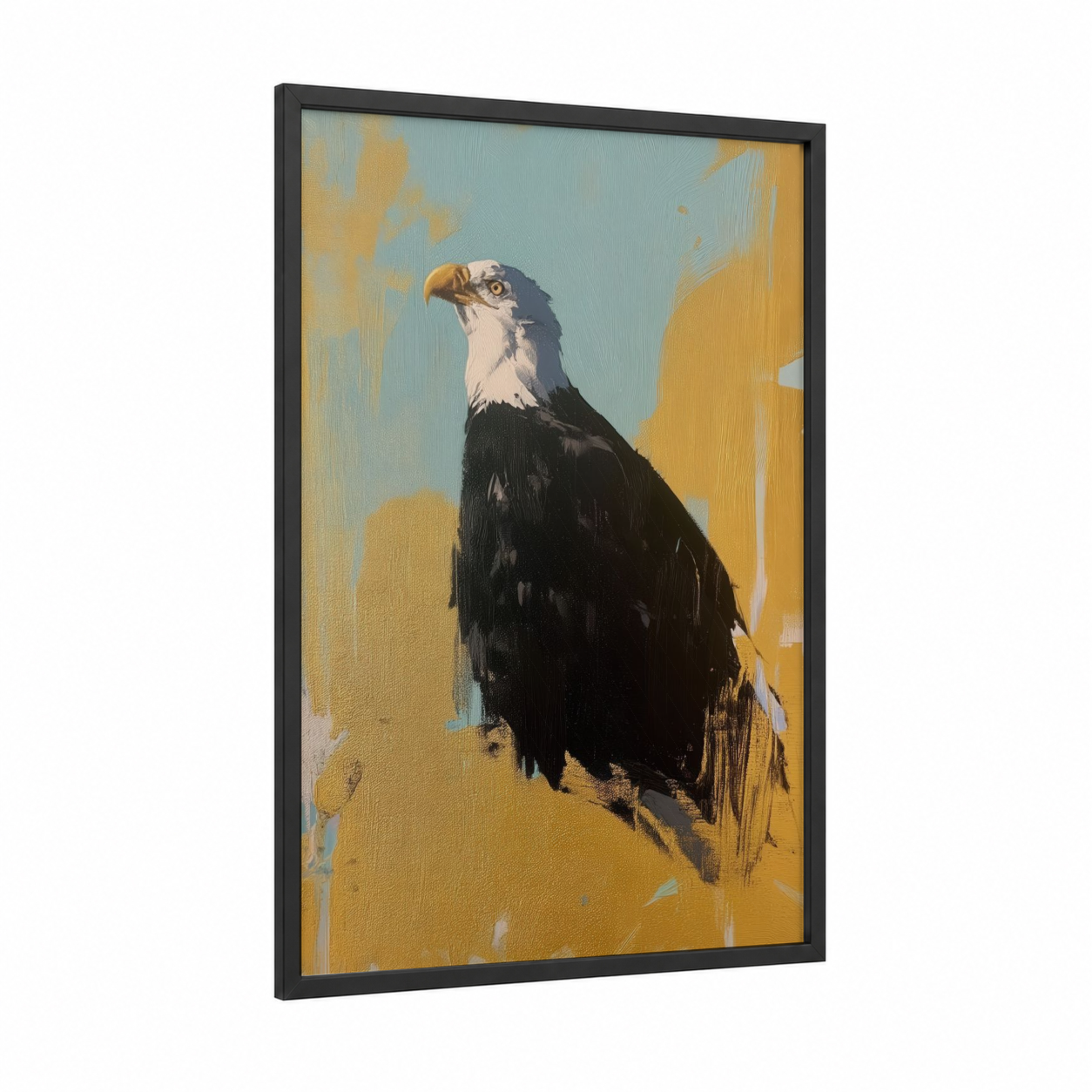 Golden Eagle Portrait framed art print — black wood frame — gold and blue palette