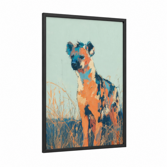 Savanna Hyena framed art print — black wood frame — orange and blue palette