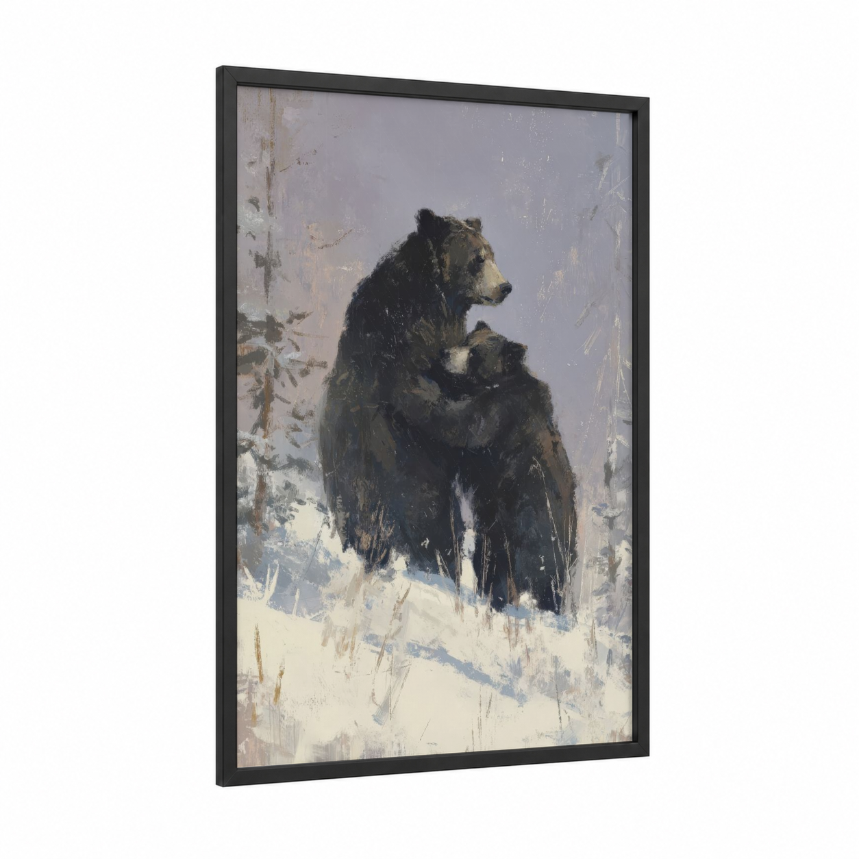 Snowy Grizzly framed grizzly bear print — black wood frame — gray and white palette