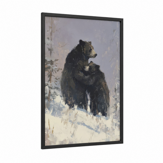 Snowy Grizzly framed grizzly bear print — black wood frame — gray and white palette