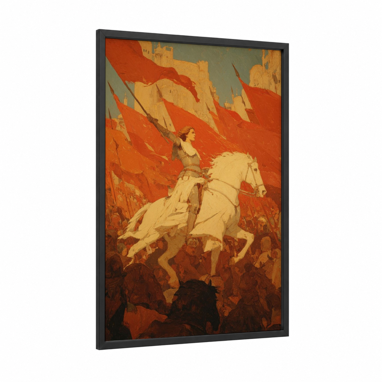 Joan's Triumph framed joan of arc print — black wood frame — red and gold palette