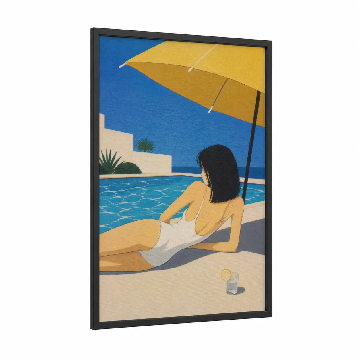 Poolside Relaxation Modern Wall Art framed swimming print — black wood frame — blue and yellow palette