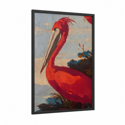Crimson Pelican framed art print — black wood frame — red and blue and gold palette