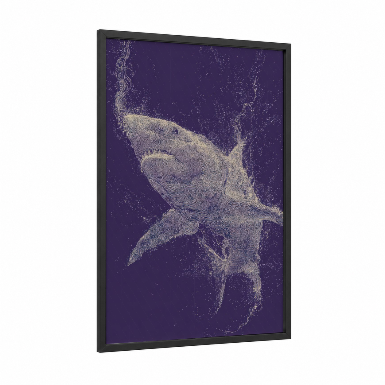 Ethereal Basking Shark framed art print — black wood frame — purple and gold palette