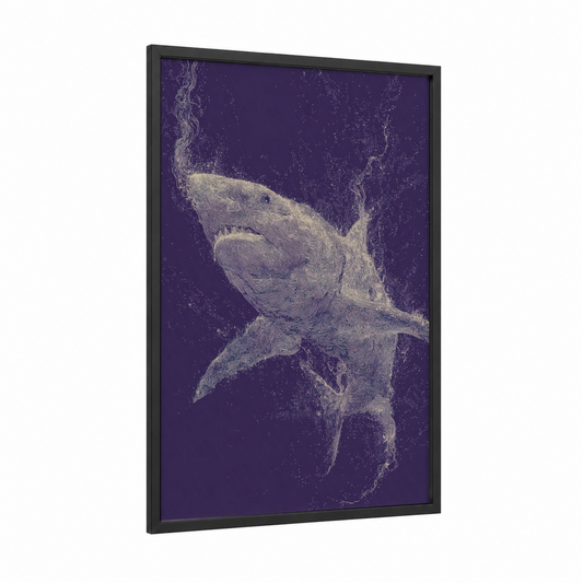 Ethereal Basking Shark framed art print — black wood frame — purple and gold palette