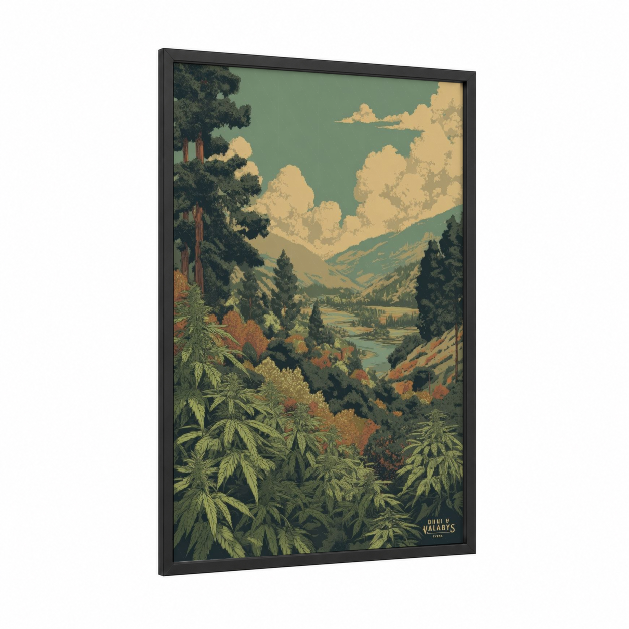 Mountain Cannabis Valley framed art print — black wood frame — sage green and gold palette