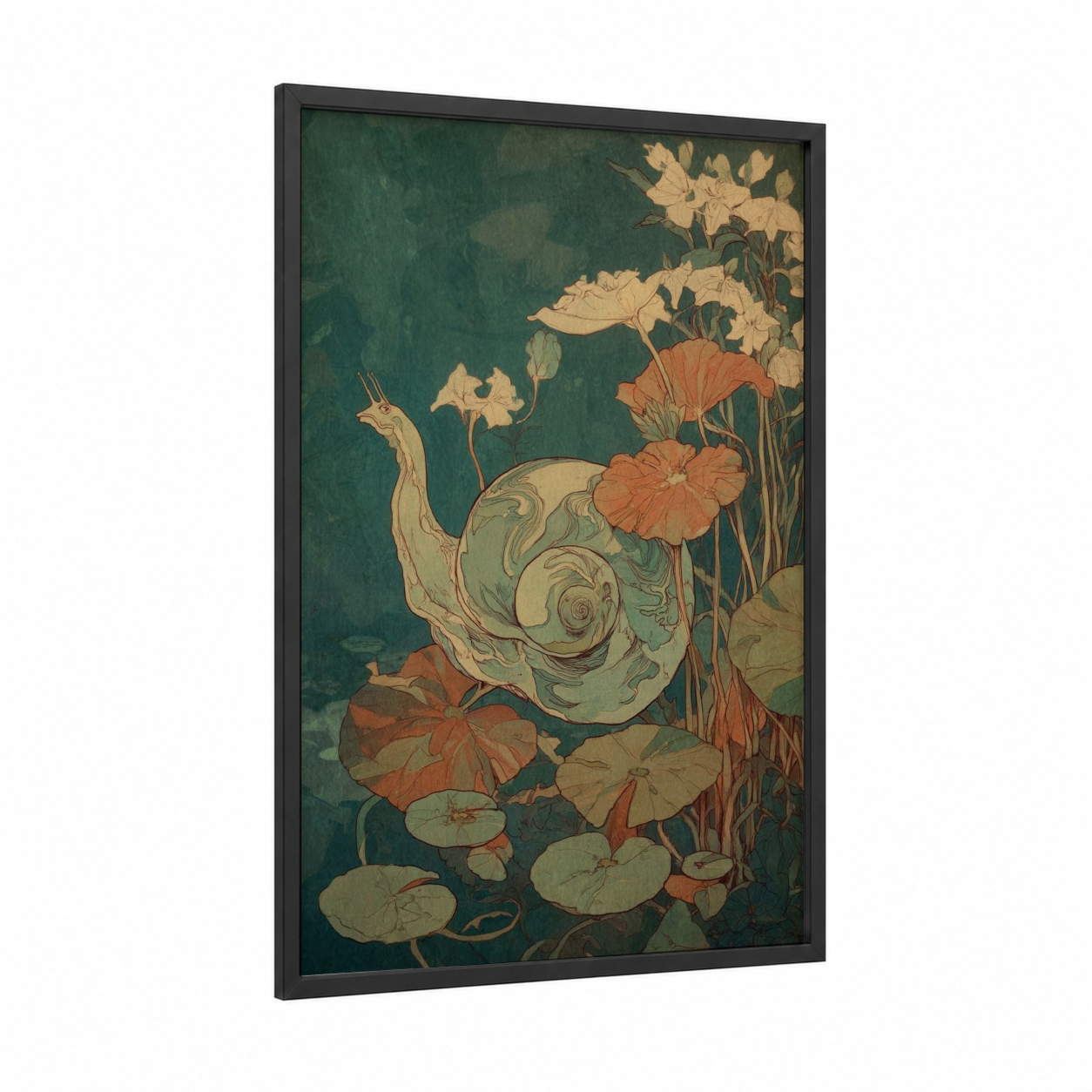 Garden Snail framed art print — black wood frame — teal and gold palette