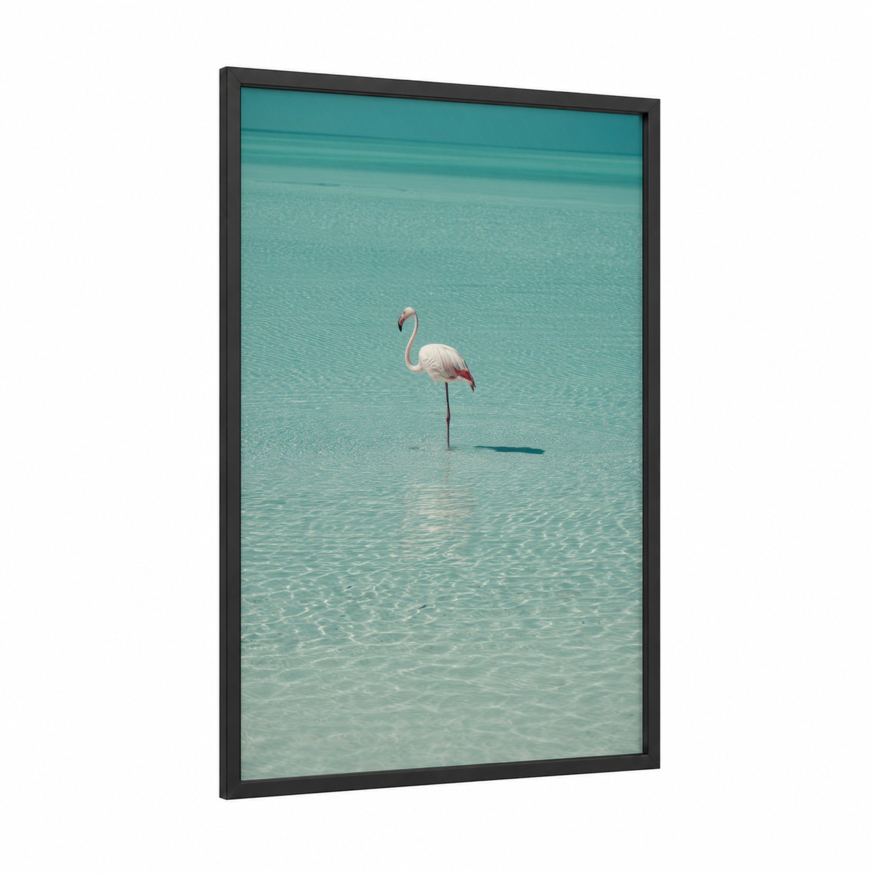 Tropical Flamingo framed art print — black wood frame — turquoise and white palette