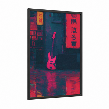 Neon Bass Guitar framed art print — black wood frame — magenta and dark blue palette