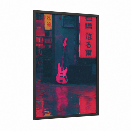 Neon Bass Guitar framed art print — black wood frame — magenta and dark blue palette
