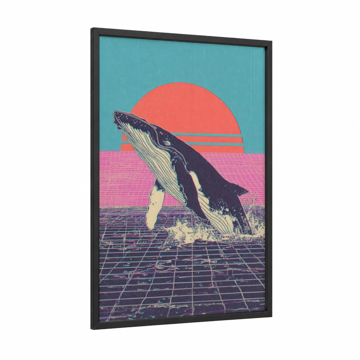 Neon Whale Leap framed blue whale print — black wood frame — turquoise and salmon pink palette