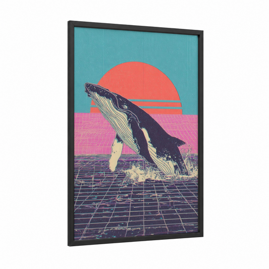 Neon Whale Leap framed blue whale print — black wood frame — turquoise and salmon pink palette