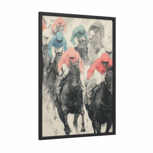 Colorful Racing Jockeys framed horse racing print — black wood frame — pink and blue palette
