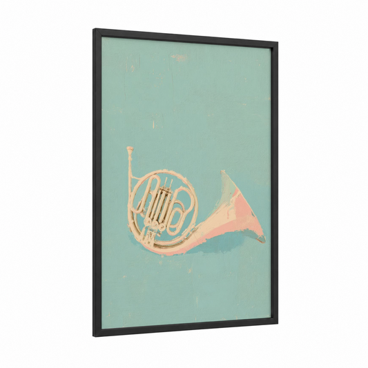 Pastel French Horn framed art print — black wood frame — light green and peach palette
