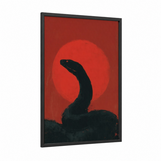 Crimson Python Sunset framed art print — black wood frame — red and black palette