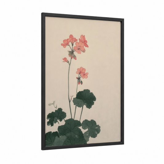 Coral Geranium framed art print — black wood frame — salmon pink and dark green palette