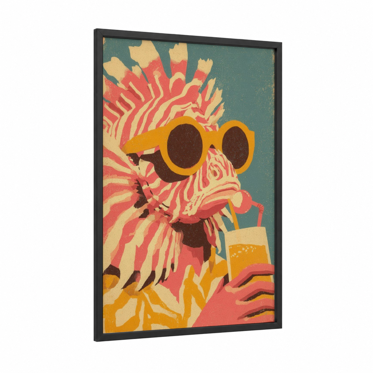 Tropical Lionfish framed art print — black wood frame — gold and teal palette