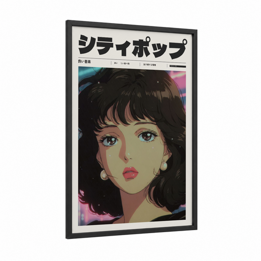Neon Anime Girl framed anime and manga print — black wood frame — magenta and teal palette
