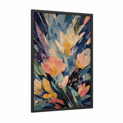 Midnight Orchid framed art print — black wood frame — blue and gold palette