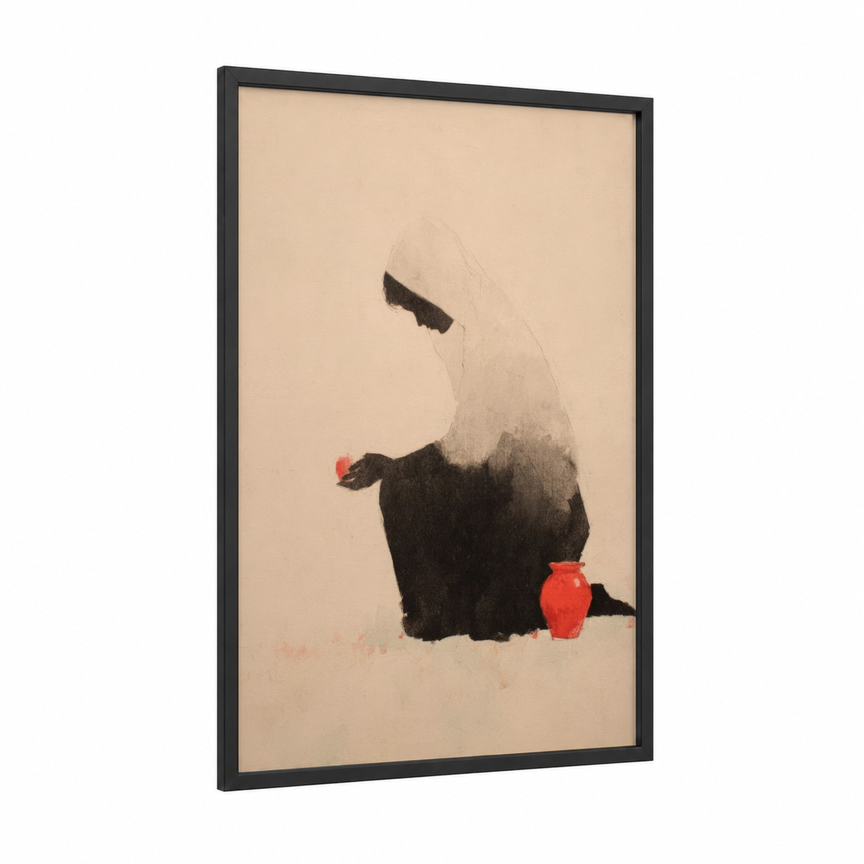 Contemplative Magdalena framed mary magdalena print — black wood frame — beige and black palette