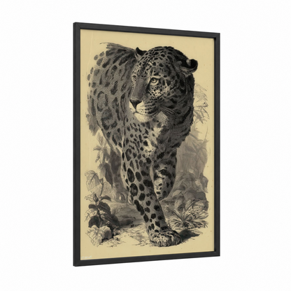 Spotted Jaguar framed art print — black wood frame — black and white and cream palette