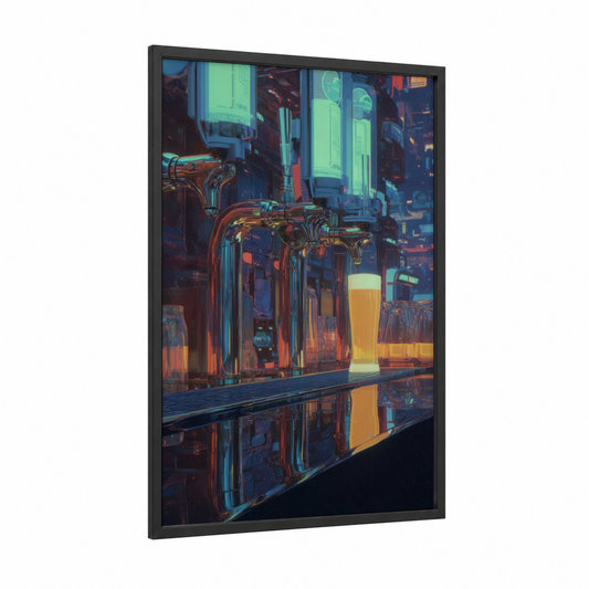 Neon Brewery framed beer print — black wood frame — blue and gold palette