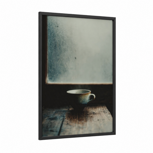 Misty Window Tea framed art print — black wood frame — gray and white and dove gray palette