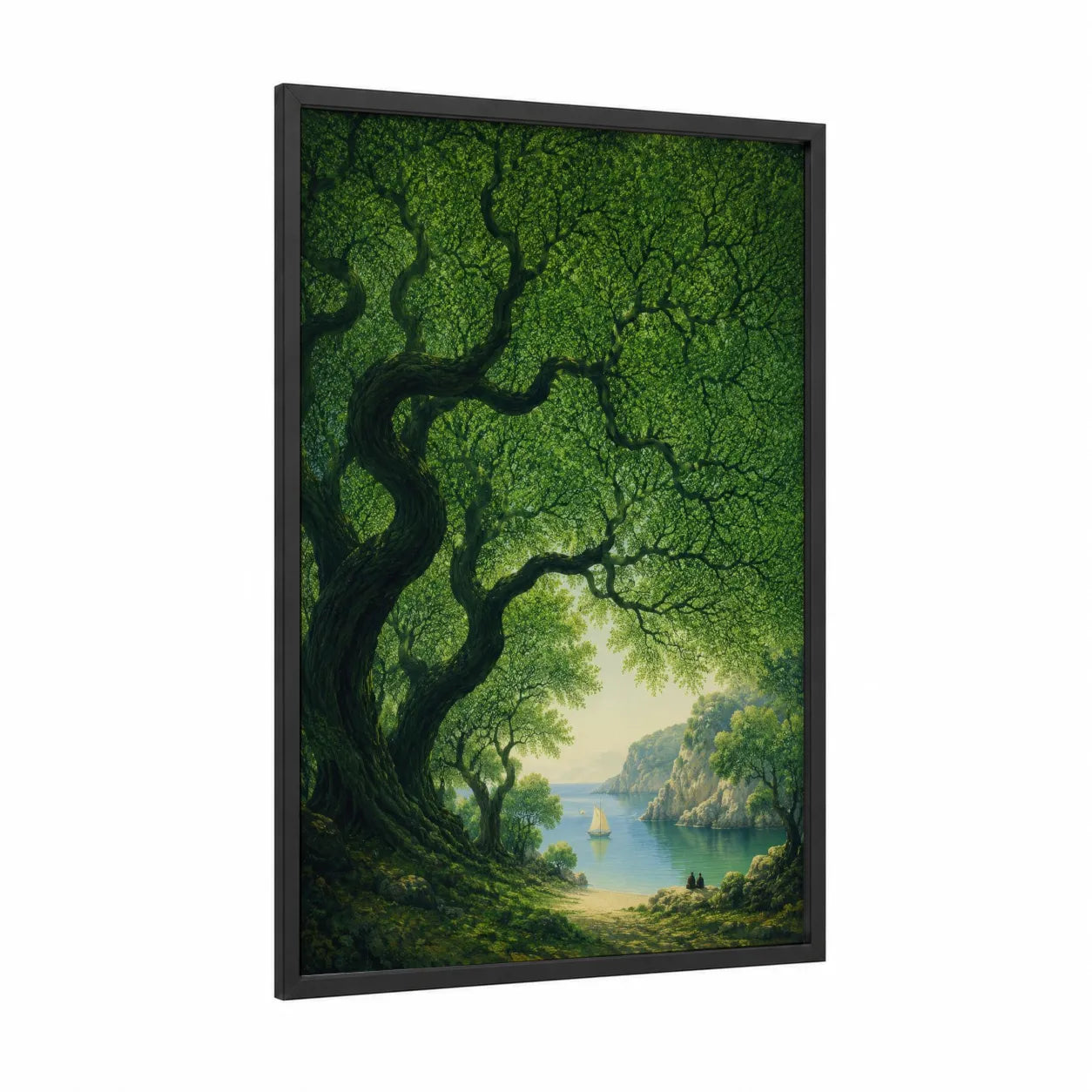 Enchanted Forest Canopy Coastal View Wall Art framed forest trees print — black wood frame — true green and light green palette