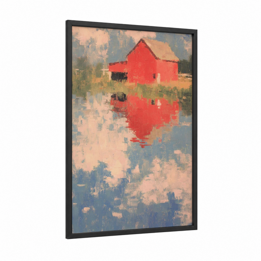 Red Barn Reflection framed art print — black wood frame — red and blue and gray palette
