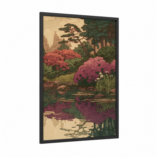 Garden Rhododendron framed art print — black wood frame — cream and dark green palette