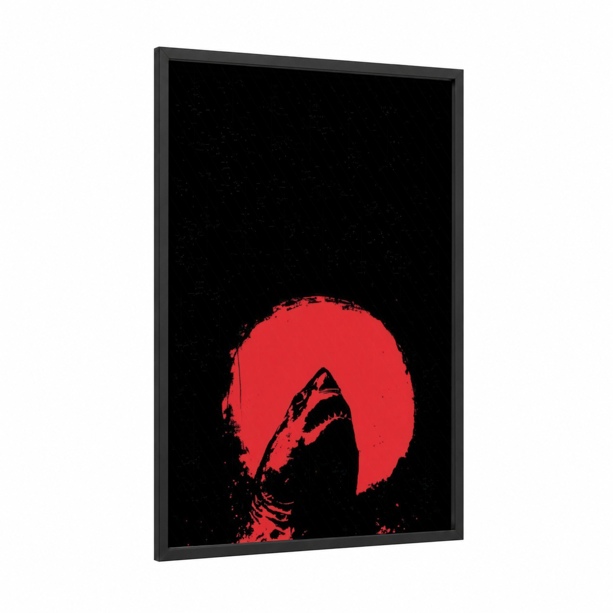 Crimson Shark framed great white shark print — black wood frame — red and black palette