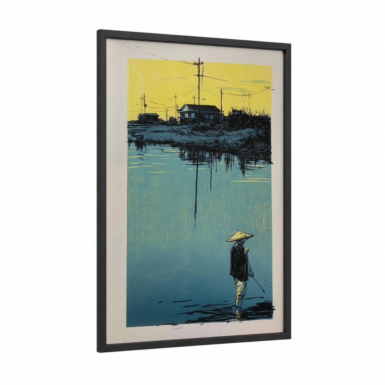 Solitary Fisher framed various landscapes print — black wood frame — yellow gold and teal palette