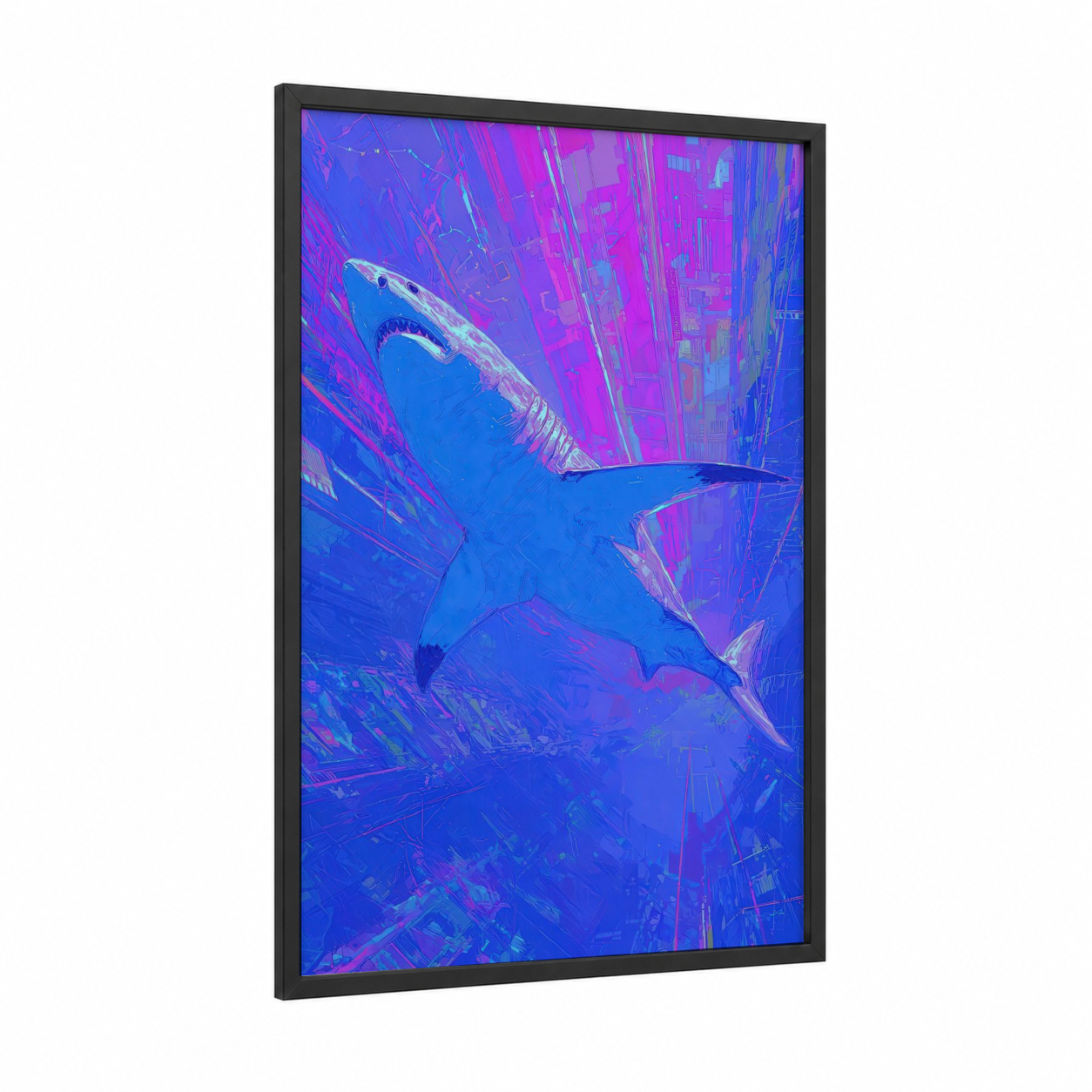 Neon Shark framed blue shark print — black wood frame — blue and magenta palette