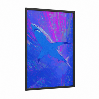 Neon Shark framed blue shark print — black wood frame — blue and magenta palette