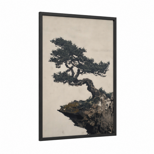 Clifftop Bonsai framed bonsai tree print — black wood frame — gray and black and white palette