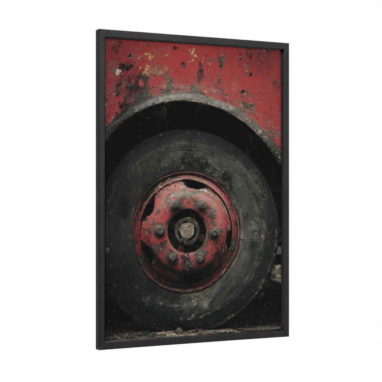 Rusted Fire Wheel framed fire engine print — black wood frame — red and black palette