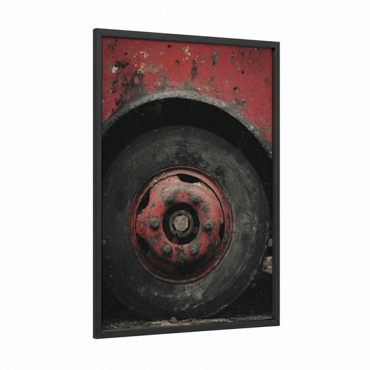 Rusted Fire Wheel framed fire engine print — black wood frame — red and black palette