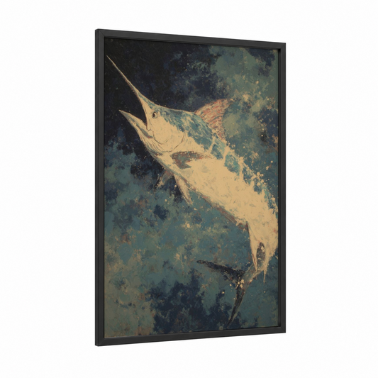 Vintage Marlin framed art print — black wood frame — teal and gold palette
