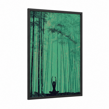 Zen Forest Yoga framed fitness yoga print — black wood frame — true green and sage green palette