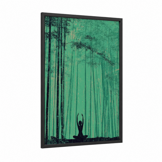 Zen Forest Yoga framed fitness yoga print — black wood frame — true green and sage green palette