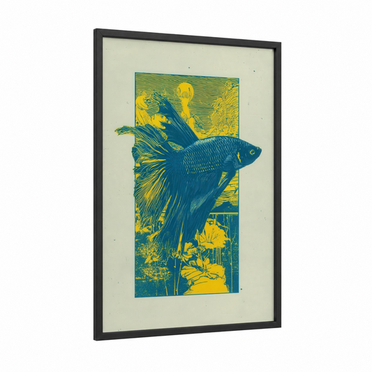 Betta Fish Elegance framed fighting fish print — black wood frame — blue and yellow gold palette
