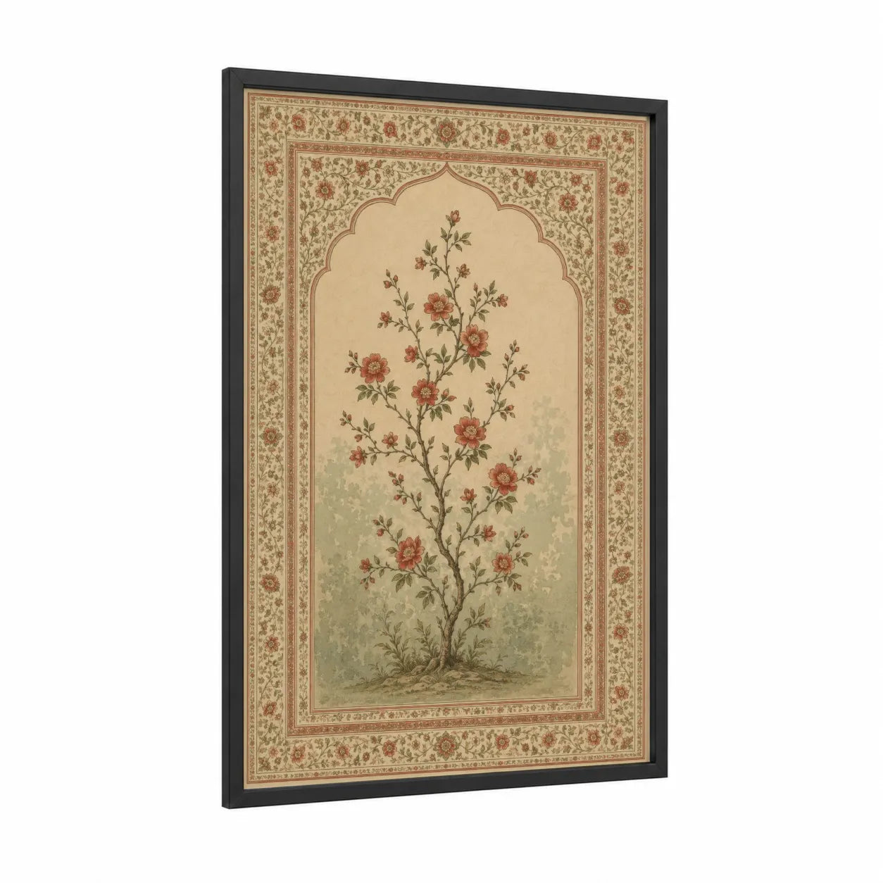 Persian Rose Garden Wall Art framed flower print — black wood frame — beige and russet palette