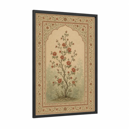 Persian Rose Garden Wall Art framed flower print — black wood frame — beige and russet palette