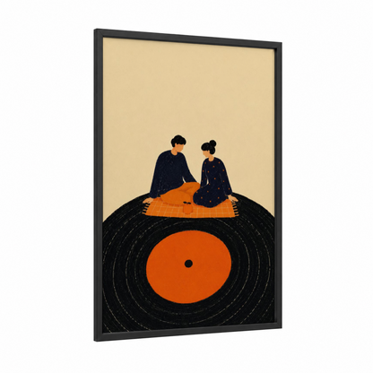 Couple Playing Board Game Wall Art framed art print — black wood frame — orange and beige palette